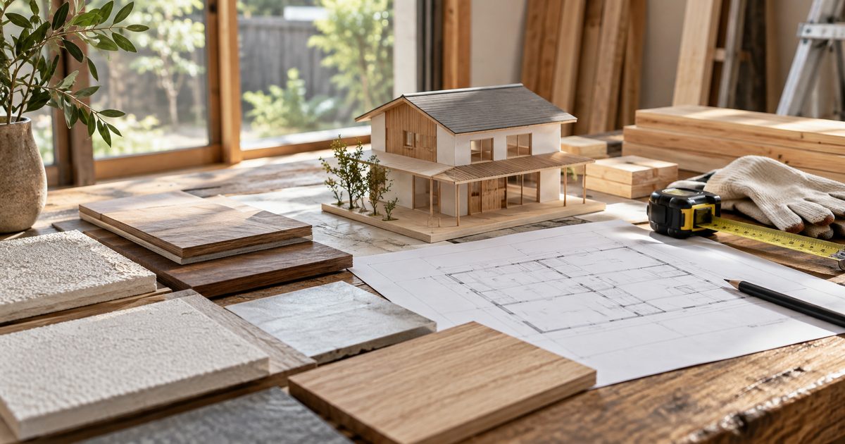 住宅模型と素材を並べた住まいの計画机